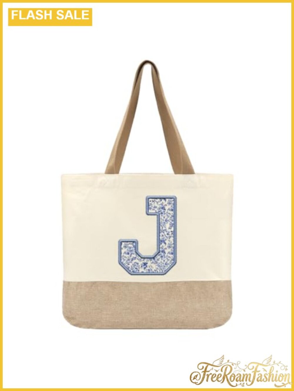 Canvas Monogram J Tote Bag 18x14 Women Personalized Initial Beach